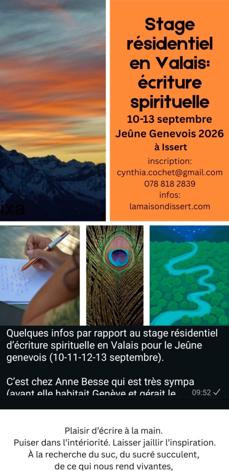 Stage résidentiel en Valais ecriture spirituelle 10-13 septembre Jeûne Genevois 2026 à Ilssert